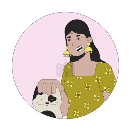 Illustration for Smiling hindu woman stroking cat 2D line vector avatar illustration. Indian lady wearing bindi, scratching kitten head outline cartoon character face. Pet lover flat color user profile image isolated - Royalty Free Image