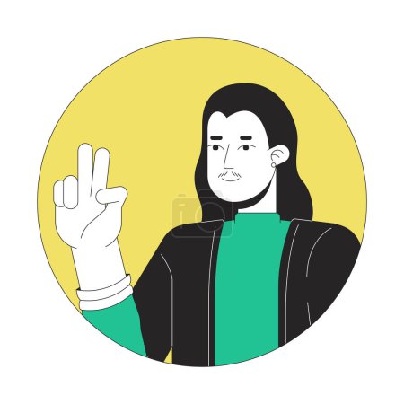 Illustration for Long haired adult asian man victory sign 2D line vector avatar illustration. Pencil moustache korean guy taking selfie outline cartoon character face. Mood fun flat color user profile image isolated - Royalty Free Image