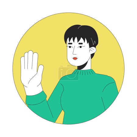 Illustration for Pixie cut korean woman waving hand 2D line vector avatar illustration. Handsome asian lady greeting outline cartoon character face. Stop hand. Saying hi flat color user profile image isolated - Royalty Free Image