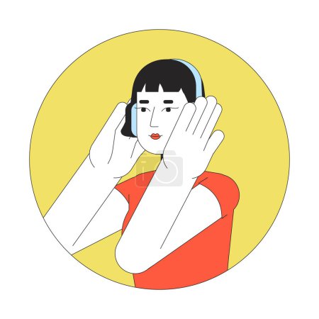 Ilustración de Asiático adolescente chica auriculares 2D línea vector avatar ilustración. Mujer coreana moderna escuchando música bosquejar la cara del personaje de dibujos animados. Podcast oyente color plano perfil de usuario imagen aislada - Imagen libre de derechos