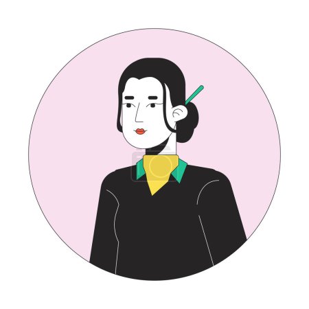 Illustration for Asian office lady wearing chinese hairpin 2D line vector avatar illustration. Relaxed standing outline cartoon character face. Average corporate worker casual flat color user profile image isolated - Royalty Free Image