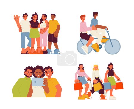Illustration for Friends activities semi flat color vector characterss set. Spending time together. Friendships. Editable full body people on white. Simple cartoon spot illustrations collection for web graphic design - Royalty Free Image