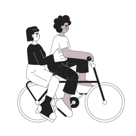Illustration for Girls riding on bicycle monochromatic flat vector characters. Entertainment. Friends activity. Editable thin line full body people on white. Simple bw cartoon spot image for web graphic design - Royalty Free Image