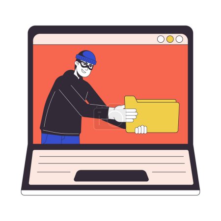 Illustration for Cyber thief holding folder laptop screen flat line concept vector spot illustration. Stealing data 2D cartoon outline object on white for web UI design. Editable isolated color hero image - Royalty Free Image