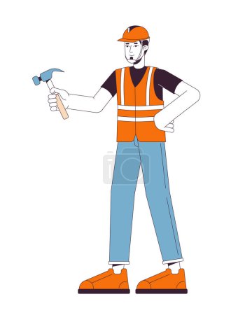Illustration for European repairman holding hammer 2D linear cartoon character. Caucasian adult man carpenter isolated line vector person white background. Hardhat specialist fixing color flat spot illustration - Royalty Free Image