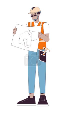 Illustration for Home builder holding blueprint 2D linear cartoon character. African american male construction worker isolated line vector person white background. Present schematic house color flat spot illustration - Royalty Free Image