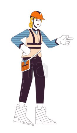 Illustration for Hardhat supervisor woman caucasian 2D linear cartoon character. Architect female isolated line vector person white background. Engineer build contractor. Work inspection color flat spot illustration - Royalty Free Image