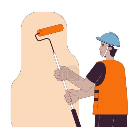 Illustration for Hispanic construction worker painting walls 2D linear cartoon character. Male latino labourer holding paint roller isolated line vector person white background. Repair color flat spot illustration - Royalty Free Image