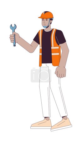 Illustration for Indian repairman construction worker 2D linear cartoon character. South asian male contractor hardhat isolated line vector person white background. Holding wrench color flat spot illustration - Royalty Free Image