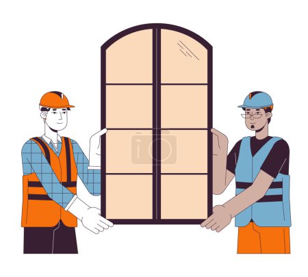 Illustration for Window installers holding frame 2D linear cartoon characters. Diverse men construction workers isolated line vector people white background. Window fitters work together color flat spot illustration - Royalty Free Image