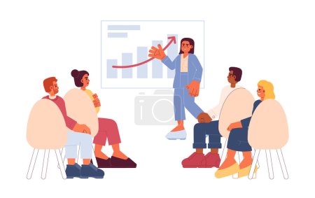 Illustration for Conference business diverse cartoon flat illustration. Female speaker talking to audience 2D characters isolated on white background. Seminar orator with lecture listeners scene vector color image - Royalty Free Image