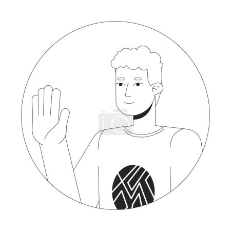 Illustration for Curly caucasian young man waving happy black and white 2D vector avatar illustration. Saying hello outline cartoon character face isolated. Greeting gesture. Nonverbal flat user profile image - Royalty Free Image