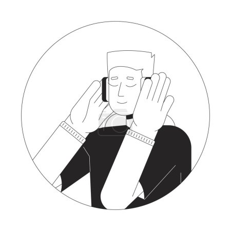 Illustration for Pressing headphones teen boy black and white 2D vector avatar illustration. Listening to music beat outline cartoon character face isolated. Meditating closed eyes. Music lover flat user profile image - Royalty Free Image