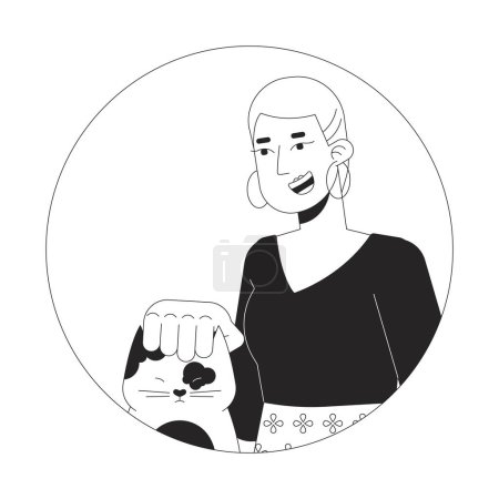 Illustration for Short haired caucasian woman petting cat head black and white 2D vector avatar illustration. Pet lover outline cartoon character face isolated. Veterinarian scratches kitten flat user profile image - Royalty Free Image