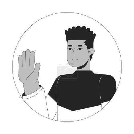 Illustration for African american guy waving happy black and white 2D vector avatar illustration. Male black student saying hello outline cartoon character face isolated. Greeting gesture flat user profile image - Royalty Free Image