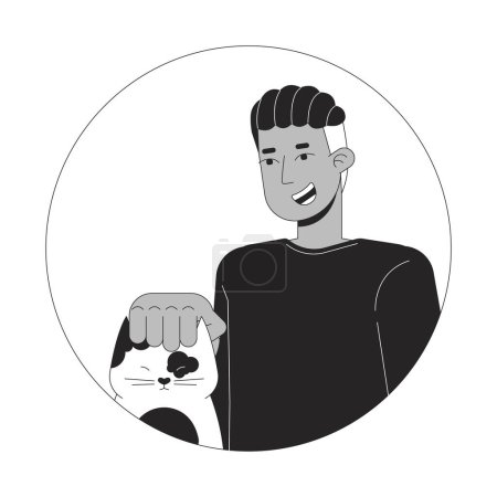 Illustration for African american adult man petting cat black and white 2D vector avatar illustration. Braided black male pet owner outline cartoon character face isolated. Kitten being petted flat user profile image - Royalty Free Image