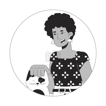 Téléchargez les illustrations : Femme afro cheveux caressant tête de chat illustration avatar vectoriel 2D noir et blanc. afro-américaine dame adoptant chaton contour personnage de bande dessinée visage isolé. Pet lover femelle profil utilisateur plat image - en licence libre de droit