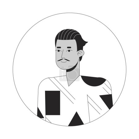 Illustration for Hispanic adult man with pencil moustache black and white 2D vector avatar illustration. Posing latino guy in 70s inspired clothes outline cartoon character face isolated. flat user profile image - Royalty Free Image