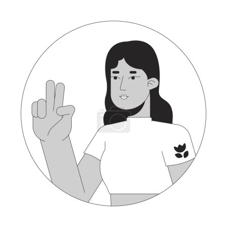 Illustration for Latina young adult with two fingers up black and white 2D vector avatar illustration. Hispanic lady selfie taking outline cartoon character face isolated. Nonverbal gesture flat user profile image - Royalty Free Image