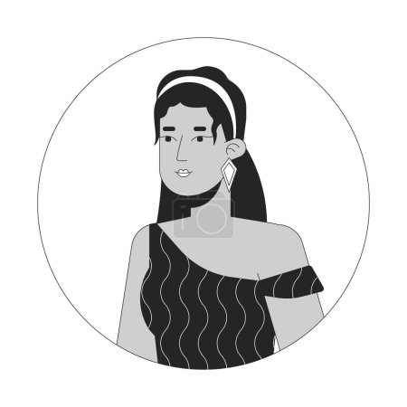 Illustration for Handsome hispanic lady in 70s inspired clothes black and white 2D vector avatar illustration. Stylish latina woman posing outline cartoon character face isolated. Relaxed flat user profile image - Royalty Free Image