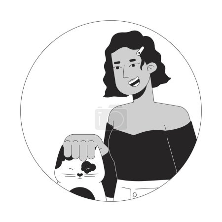 Illustration for Girl latina petting domestic kitten black and white 2D vector avatar illustration. Hispanic lady cat head scratching outline cartoon character face isolated. Pet lover female flat user profile image - Royalty Free Image