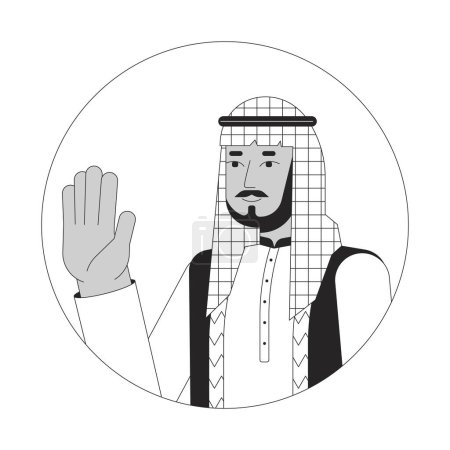 Ilustración de Hombre árabe saudí agitando feliz ilustración avatar vectorial 2D en blanco y negro. Oriente Medio con casco a cuadros contorno de la cara personaje de dibujos animados aislados. Decir hola imagen de perfil de usuario plana - Imagen libre de derechos