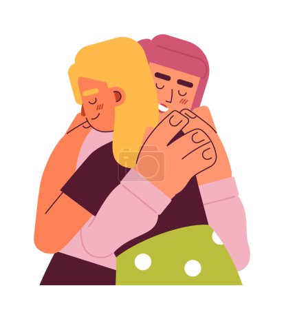 Illustration for Women hugging semi flat color vector characters. Tight hug. Multinational friends. Editable half body people on white. Simple cartoon spot illustration for web graphic design - Royalty Free Image