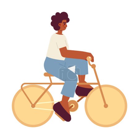 Téléchargez les illustrations : African american sport girl sur vélo semi plat couleur vecteur caractère. En mouvement rapide. Editable personne du corps entier sur blanc. Illustration simple de spot de dessin animé pour la conception graphique web - en licence libre de droit