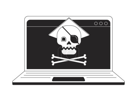Illustration for Online piracy on laptop bw concept vector spot illustration. Downloading copyrighted files 2D cartoon flat line monochromatic character for web UI design. Editable isolated outline hero image - Royalty Free Image