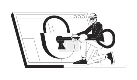 Illustration for Hacking padlock bw concept vector spot illustration. Laptop. Man with key trying to open 2D cartoon flat line monochromatic character for web UI design. Cybercrime editable isolated outline hero image - Royalty Free Image