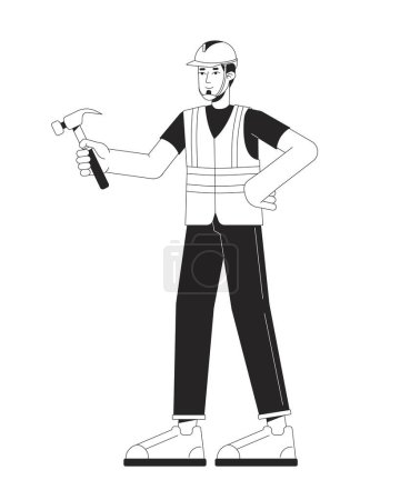 Illustration for European repairman holding hammer black and white 2D line cartoon character. Caucasian adult man carpenter isolated vector outline person. Hardhat specialist fix monochromatic flat spot illustration - Royalty Free Image