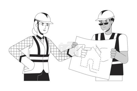 Illustration for Diverse contractors discussing blueprint black and white 2D line cartoon characters. Building supervisor, construction worker isolated vector outline people. Monochromatic flat spot illustration - Royalty Free Image