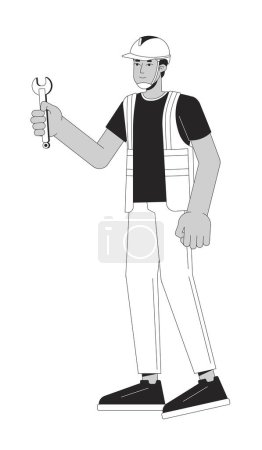 Illustration for Indian repairman construction worker black and white 2D line cartoon character. South asian male contractor hardhat isolated vector outline person. Holding wrench monochromatic flat spot illustration - Royalty Free Image