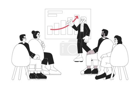 Illustration for Conference business diverse black and white cartoon flat illustration. Female speaker talking to audience linear 2D characters isolated. Seminar orator with listeners monochromatic scene vector image - Royalty Free Image