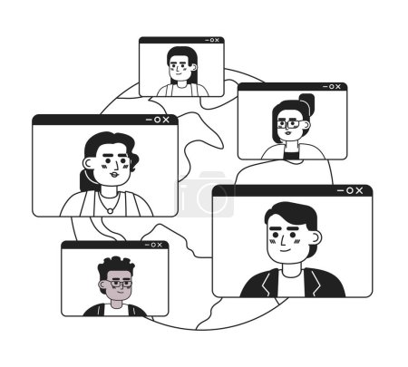 Illustration for Business conference networking online black and white 2D illustration concept. Virtual meeting colleagues around world isolated cartoon outline characters. Collab metaphor monochrome vector art - Royalty Free Image
