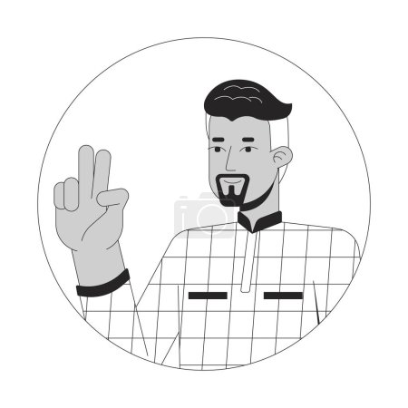 Illustration for Confident 40s arab man victory sign black and white 2D vector avatar illustration. Middle eastern businessman two fingers up gesture outline cartoon character face isolated. flat user profile image - Royalty Free Image