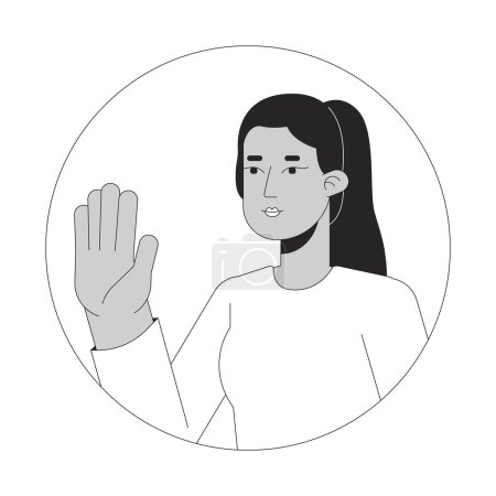 Illustration for Elegant arab woman hello wave black and white 2D vector avatar illustration. Middle eastern lady greeting outline cartoon character face isolated. Turkish female saying hi flat user profile image - Royalty Free Image