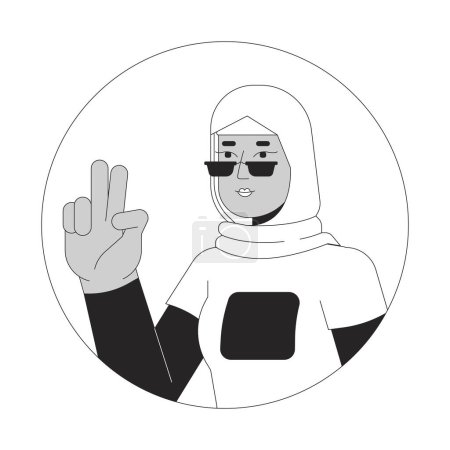 Illustration for Stylish muslim woman showing victory black and white 2D vector avatar illustration. Sunglasses hijab woman selfie taking outline cartoon character face isolated. Two fingers up flat user profile image - Royalty Free Image