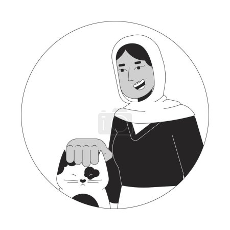 Téléchargez les illustrations : Femme musulmane hijab caressant tête de chat illustration avatar vectoriel 2D noir et blanc. Volontaire dame avec chaton contour personnage de dessin animé visage isolé. Femme vétérinaire profil utilisateur plat image - en licence libre de droit