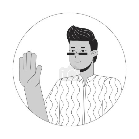 Illustration for Sunglasses indian man waving hand black and white 2D vector avatar illustration. Stylish south asian guy saying hello outline cartoon character face isolated. Greeting gesture flat user profile image - Royalty Free Image