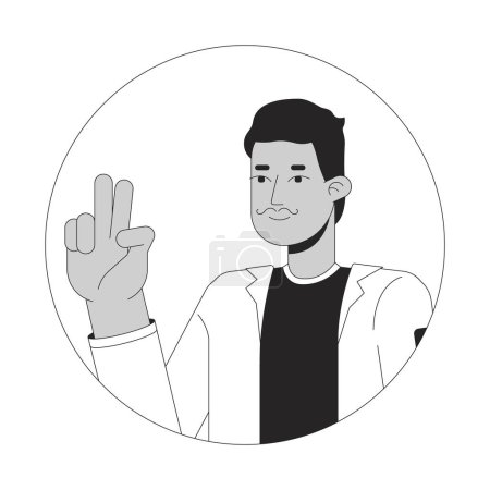 Illustration for Indian mustache man peace sign hand black and white 2D vector avatar illustration. Adult south asian moustache guy taking selfie outline cartoon character face isolated. flat user profile image - Royalty Free Image