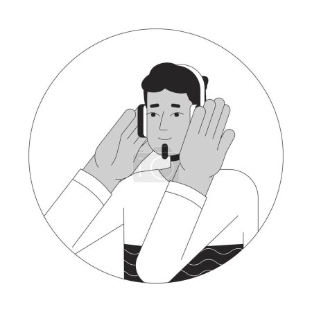 Illustration for Headphones indian man bearded black and white 2D vector avatar illustration. South asian guy listening to music beats outline cartoon character face isolated. Podcast listener flat user profile image - Royalty Free Image