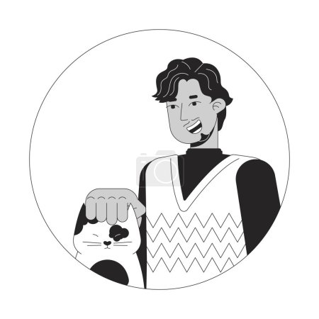 Ilustración de Hombre indio barbudo acariciando gato blanco y negro ilustración avatar vector 2D. Sur asiático chico sonriendo contorno dibujos animados carácter cara aislada. Clima suéter. Mascota propietario plano usuario perfil imagen - Imagen libre de derechos