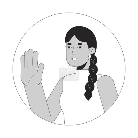 Illustration for Waving pretty indian woman with long braid black and white 2D vector avatar illustration. South asian lady saying hi outline cartoon character face isolated. Stop hand flat user profile image - Royalty Free Image