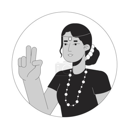 Illustration for Peace sign girl with indian head jewelry black and white 2D vector avatar illustration. South indian woman two fingers up outline cartoon character face isolated. Selfie taking flat user profile image - Royalty Free Image