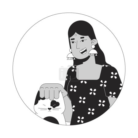 Illustration for Smiling hindu woman stroking cat black and white 2D vector avatar illustration. Indian lady wearing bindi, scratching kitten outline cartoon character face isolated. Pet lover flat user profile image - Royalty Free Image