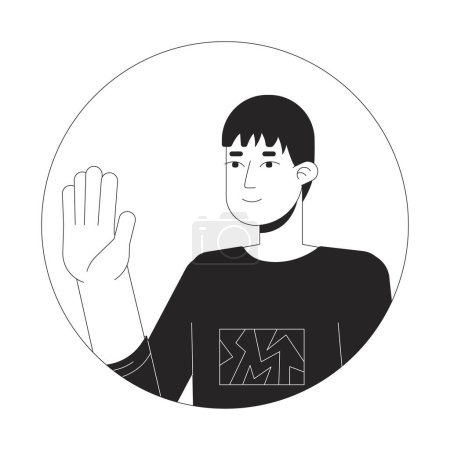 Illustration for Normal japanese guy waving shyly black and white 2D vector avatar illustration. Asian young man saying hello outline cartoon character face isolated. Greeting gesture flat user profile image - Royalty Free Image
