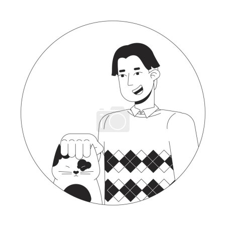 Illustration for Korean teenage boy petting cat black and white 2D vector avatar illustration. Middle part bangs male asian outline cartoon character face isolated. Kitten being petted flat user profile image - Royalty Free Image