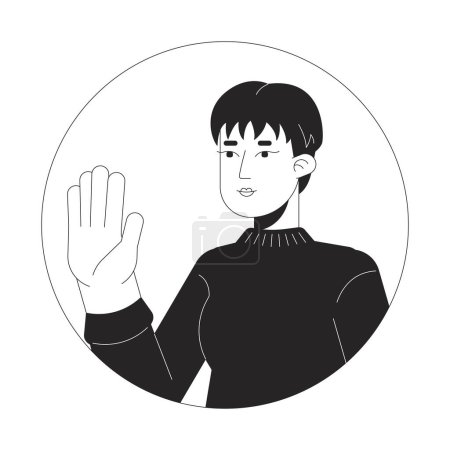 Illustration for Pixie cut korean woman waving hand black and white 2D vector avatar illustration. Handsome asian lady greeting outline cartoon character face isolated. Stop hand. Saying hi flat user profile image - Royalty Free Image