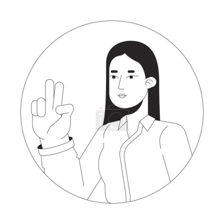 Illustration for Peace sign girl asian with long straight hair black and white 2D vector avatar illustration. Korean lady selfie outline cartoon character face isolated. Gesture two fingers up flat user profile image - Royalty Free Image